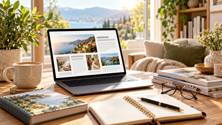 Laptop met een online artikelenoverzicht op een houten tafel met boeken, een leesbril, notitieboek en koffie in een lichte leeshoek.