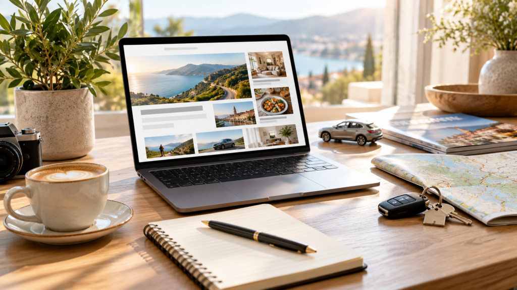 Laptop met een artikelenoverzicht over reizen, wonen en auto's, omringd door een notitieboek, koffie, landkaart en autosleutels.