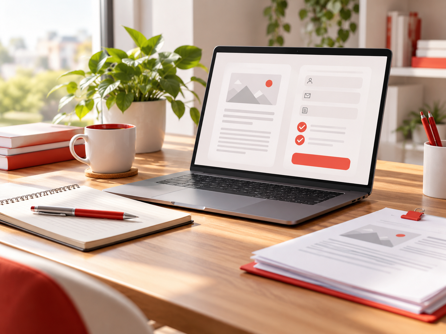 Modern bureau met laptop, tablet en verbonden netwerksymbolen die verschillende organisaties en samenwerkingspartners vertegenwoordigen.