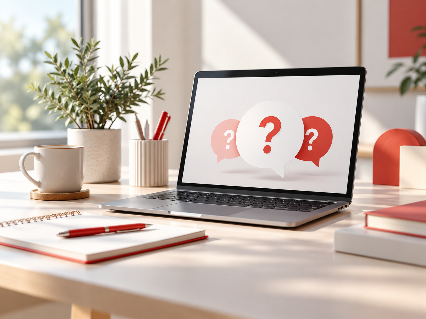 Laptop met rode en witte vraagtekens in tekstballonnen op een lichte werkplek met notitieboek, koffie en groene planten.