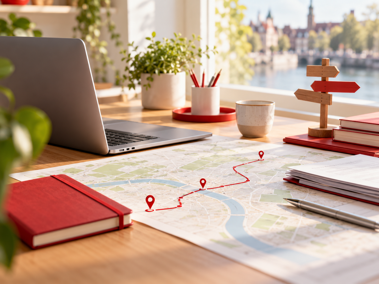 Laptop met rode en witte vraagtekens in tekstballonnen op een lichte werkplek met notitieboek, koffie en groene planten.